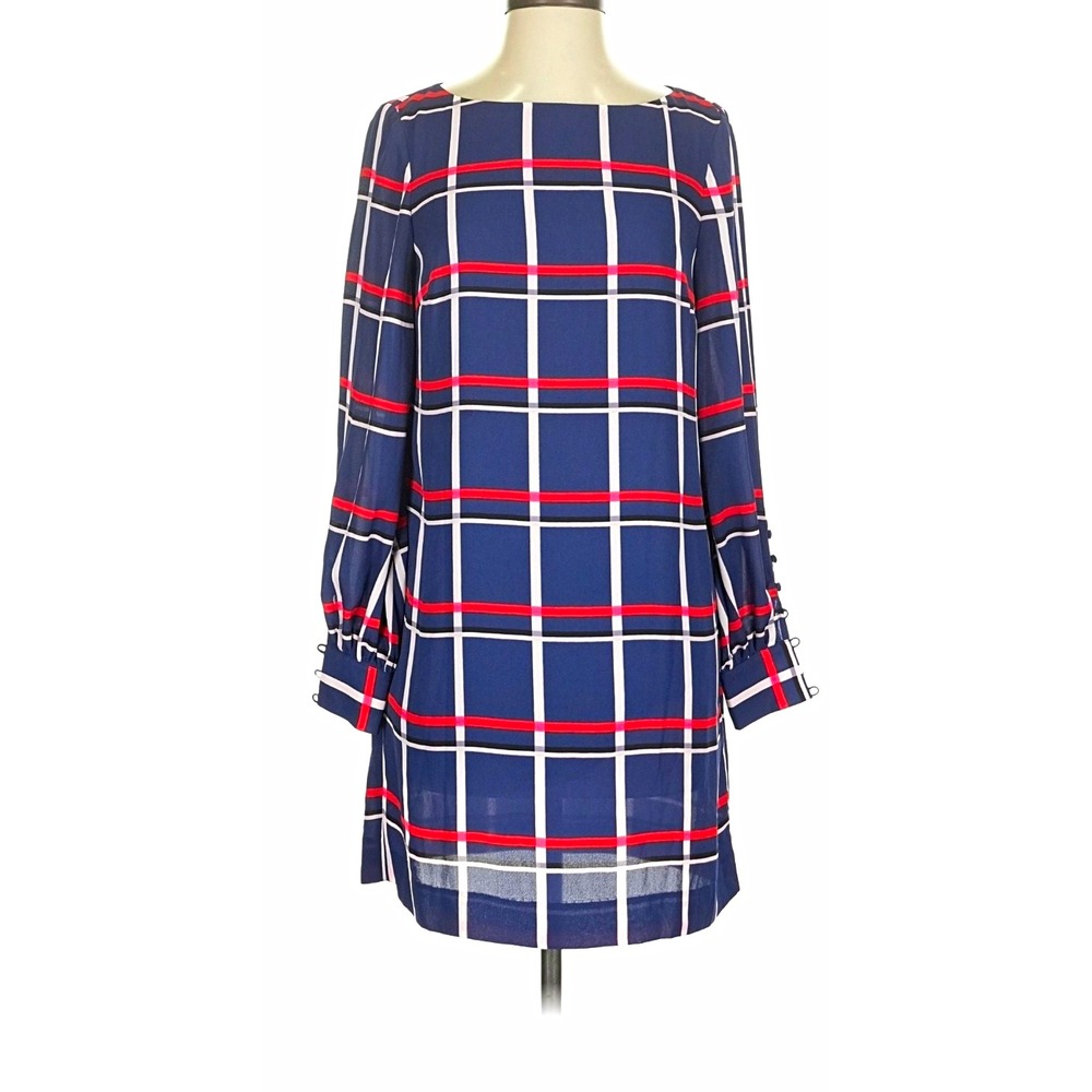 Banana Republic Womens Plaid Shift Dress 0 Blue Red White Long Sleeve Keyhole